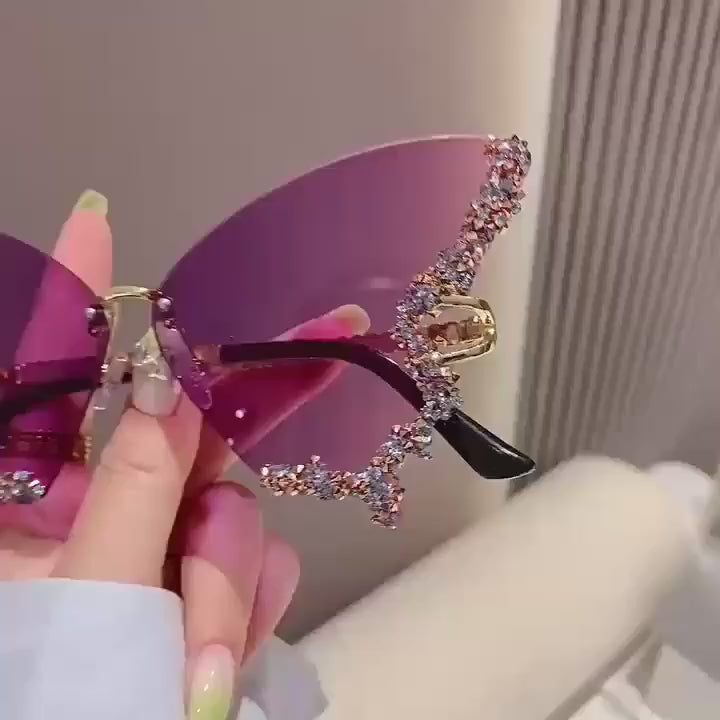 New Butterfly Rhinestone Rimless Sunglasses Fashionable and Exaggerated